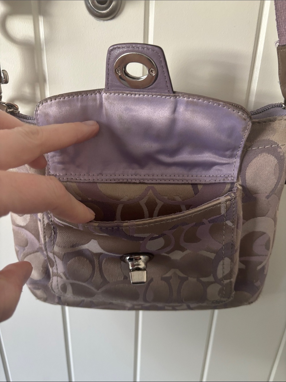 Coach Signature Jacquard Crossbody Bag Taupe Turnlock Swingpack Authentic - Picture 4 of 7